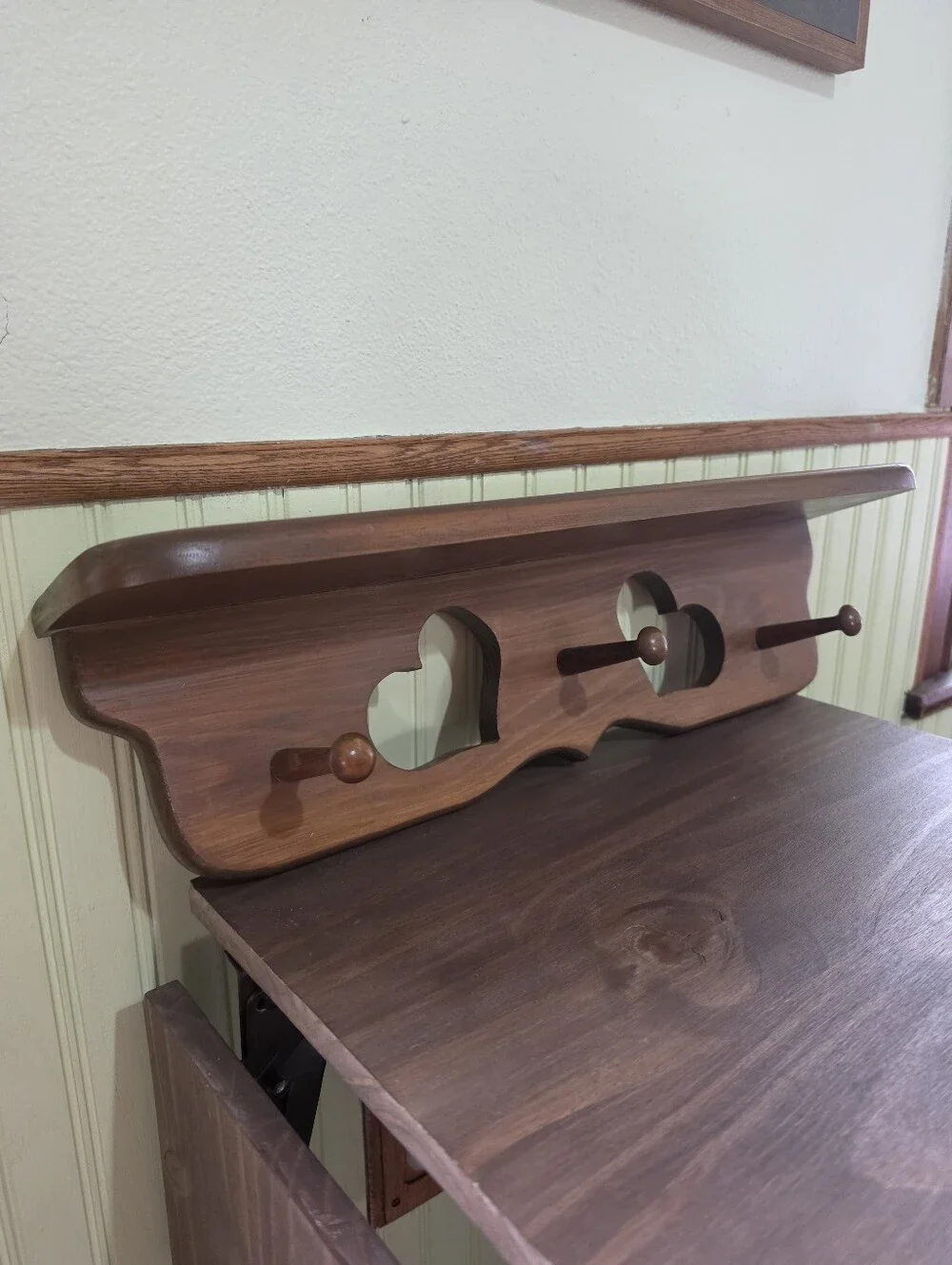 Vintage Wood Wall Shelf Heart Cutout 3 Pegs 21.5